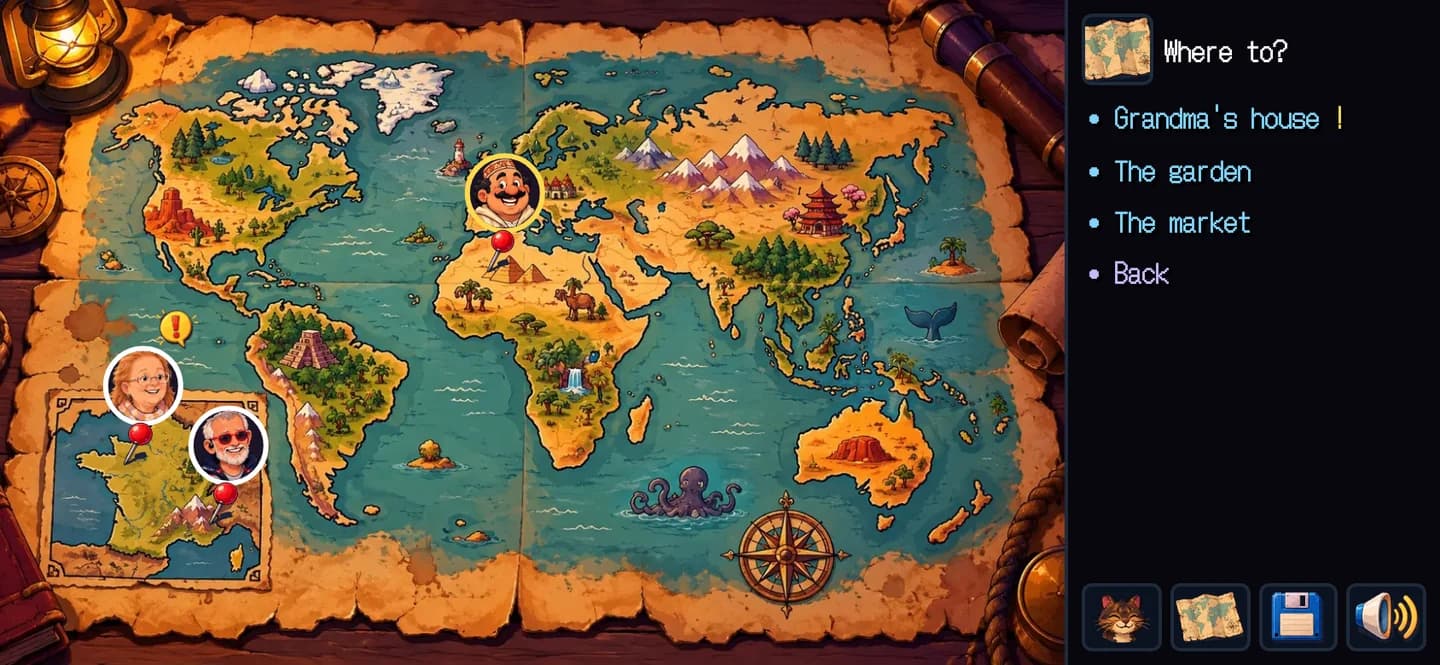 A world map, characters who move between places