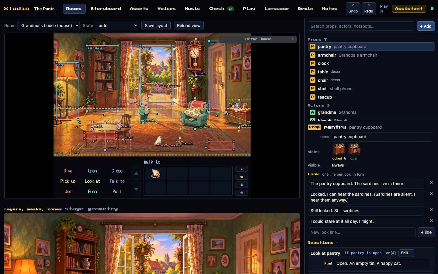 Rooms: the real engine, a placement editor on top, every line editable in place