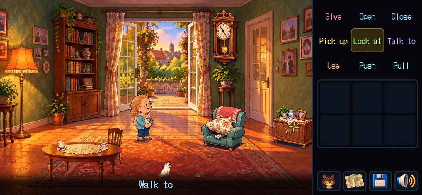 The Pantry Key: Grandma's living room, with a grandmother and a cat on a rug, the nine verbs on the right (Give, Open, Close, Pick up, Look at, Talk to, Use, Push, Pull), an empty bag below them, and the sentence line "Walk to" under the scene