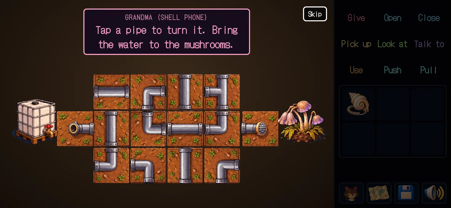 The pipes minigame: tiles to turn between a water tank and the mushrooms, a Skip button at the top right
