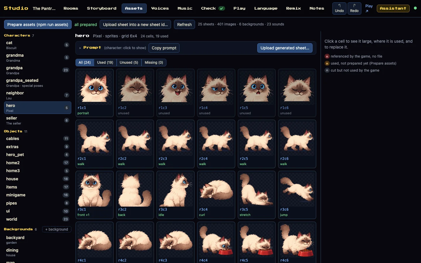 Studio, Assets tab: the hero's sprite sheet, a cat in 24 cells, each labelled with its use