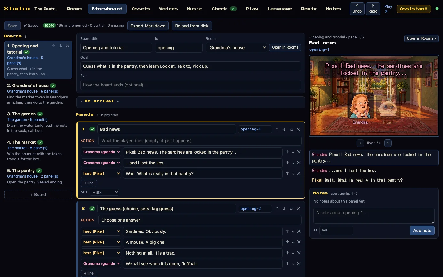 Studio, Storyboard tab: five boards on the left, the board "Opening and tutorial" with its panels and lines, and a preview of the first panel on the right