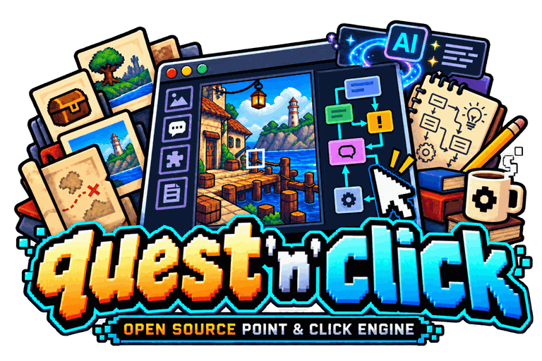 The quest'n'click logo: a pixel-art editor window with a harbour scene, a dialogue graph and a pointer, among picture cards, a treasure map, an AI panel, a notebook of puzzle diagrams and a coffee mug, under the words quest'n'click, Open source point & click engine
